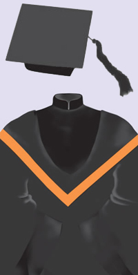 黑色帽，垂黑色纓繐。黑色學袍，前襟及雙袖皆綴以黑絲絨邊，配以中國式之企領。兜囊為黑色，邊鑲橙色帶。