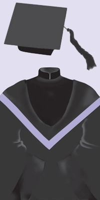 黑色帽，垂黑色纓繐。黑色學袍，前襟及雙袖皆綴以黑絲絨邊，配以中國式之企領。兜囊為黑色，邊鑲淡紫色帶。