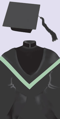 A black cap with a black tassel. A black robe with black velvet trimmings on the front and the sleeves, and a Mandarin collar; black hood edged in sage green.