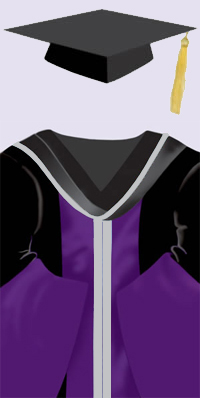 A black cap with a gold tassel. A black robe with purple facings down each side in the front and around the bell-shaped sleeves. The purple facings are edged in grey which is the faculty colour for business administration; black hood lined with purple and grey edging.