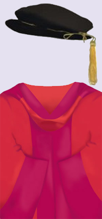 A black cap with a gold tassel. A scarlet red robe with deep magenta facings down each side in the front and around the bell-shaped sleeves; scarlet red hood lined with deep magenta.