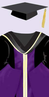 A black cap with a gold tassel. A black robe with purple facings down each side in the front and around the bell-shaped sleeves. The purple facings are edged in pale yellow which is the faculty colour for arts; black hood lined with purple and pale yellow edging.