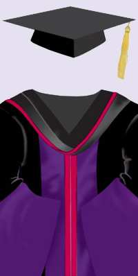 黑色帽，垂金色纓繐。黑色學袍，沿鐘型袖綴以紫色絲邊，前襟為紫色，綴以醫學院專用的深洋紅色邊。黑色兜囊，襯以紫色絲裡及綴以深洋紅色邊。
