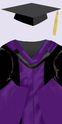 黑色帽，垂金色纓繐。黑色學袍，前襟及沿鐘型袖綴以紫色絲邊。黑色兜囊，襯以紫色絲裡。