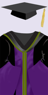 A black cap with a gold tassel. A black robe with purple facings down each side in the front and around the bell-shaped sleeves. The purple facings are edged in apple green which is the faculty colour for social science; black hood lined with purple and apple green edging.