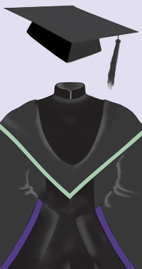 A black cap with a black tassel. A black robe with black velvet trimmings on the front and the sleeves and a Mandarin collar; purple line on upper edge of sleeve trimmings; hood lined and edged in sage green.